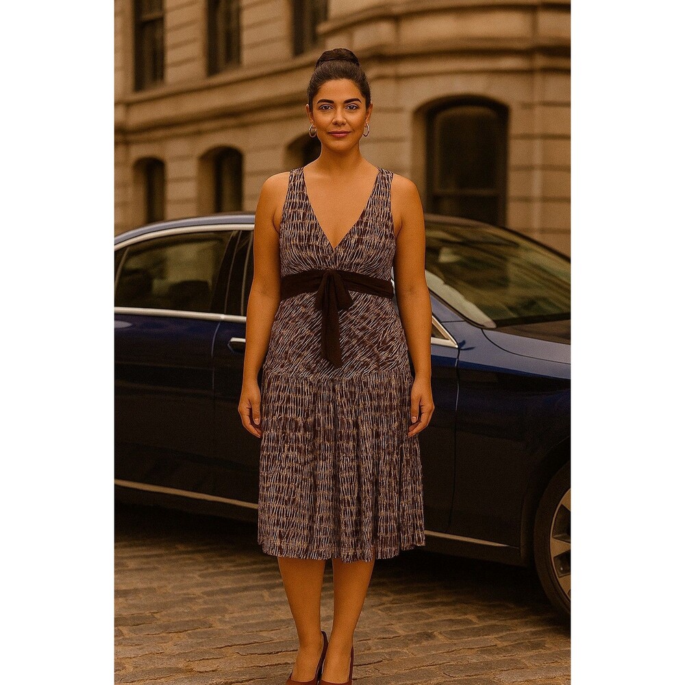 Vintage Connected Apparel Brown/Beige Tiered Sleeveless V-Neck Midi Dress, Sz. 8